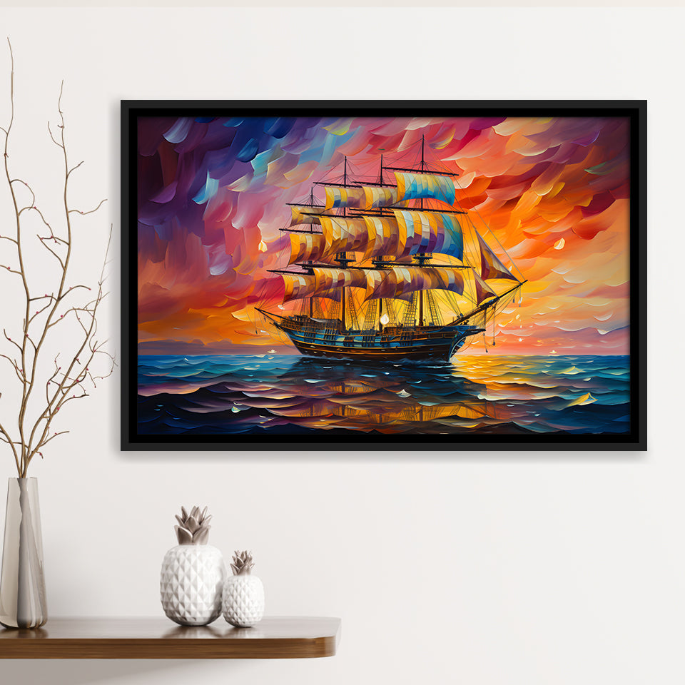 Pirate Ship Sailing In Sunset Oil Painting Framed Canvas Prints Wall Art Home Decor, Painting Canvas, Floating Frame