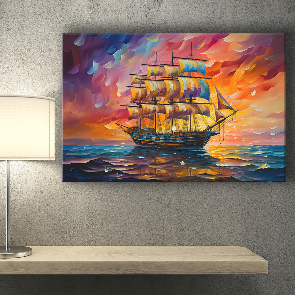 Pirate Ship Sailing In Sunset Oil Painting Canvas Prints Wall Art Home Decor, Painting Canvas, Living Room Wall Decor