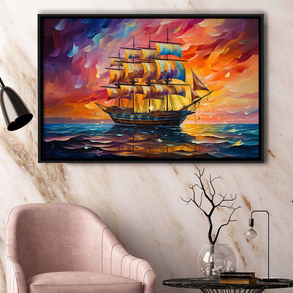 Pirate Ship Sailing In Sunset Oil Painting Framed Canvas Prints Wall Art Home Decor, Painting Canvas, Floating Frame