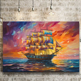 Pirate Ship Sailing In Sunset Oil Painting Canvas Prints Wall Art Home Decor, Painting Canvas, Living Room Wall Decor