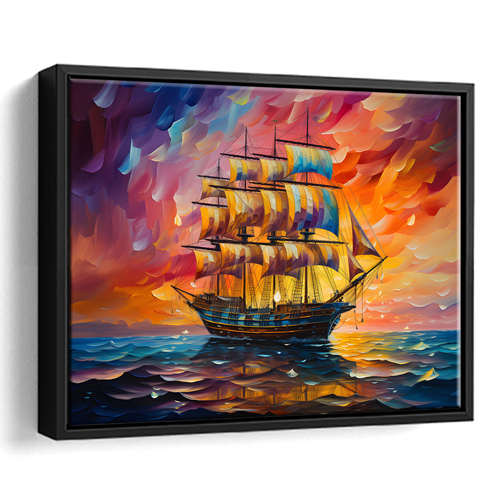 Pirate Ship Sailing In Sunset Oil Painting Framed Canvas Prints Wall Art Home Decor, Painting Canvas, Floating Frame