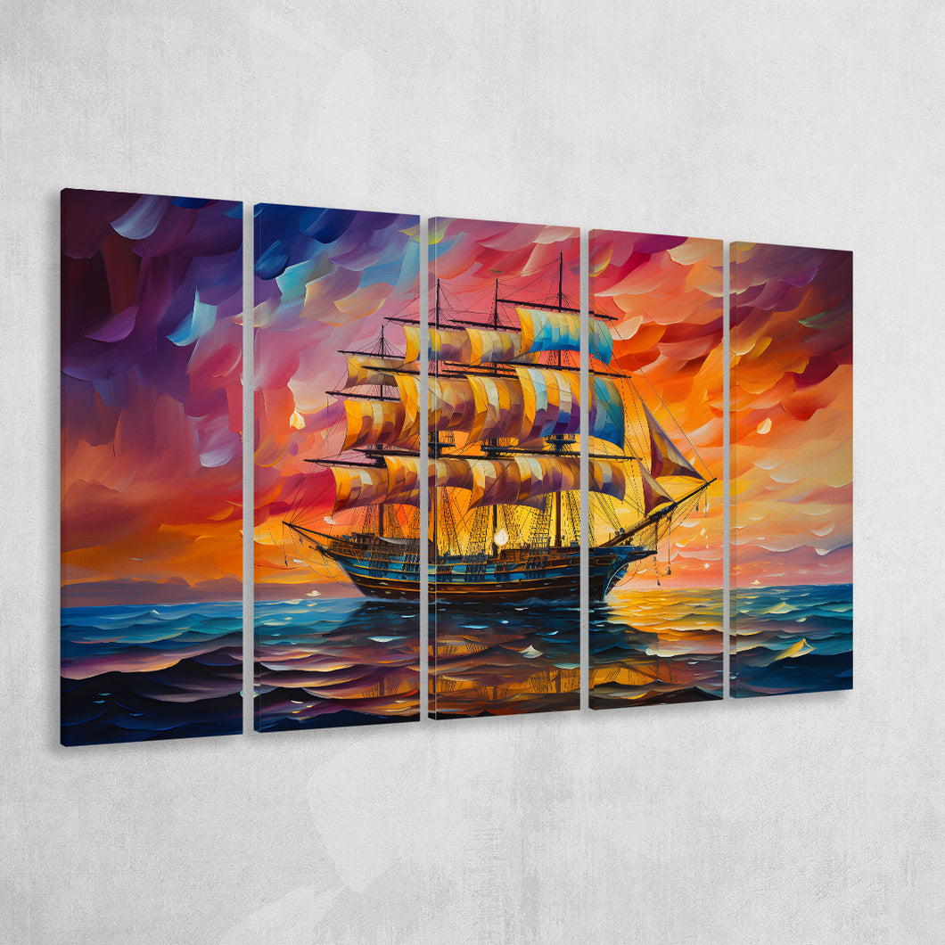 Pirate Ship Sailing In Sunset Oil Painting 5 Panels B Canvas Prints Wall Art Home Decor, Extra Large Canvas