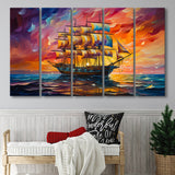Pirate Ship Sailing In Sunset Oil Painting 5 Panels B Canvas Prints Wall Art Home Decor, Extra Large Canvas