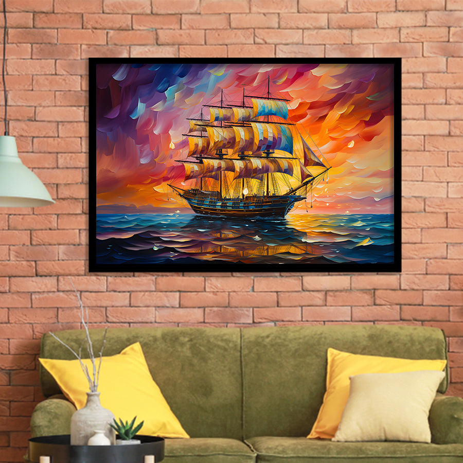 Pirate Ship Sailing In Sunset Oil Painting Framed Art Prints Wall Decor, Painting Art, Framed Picture