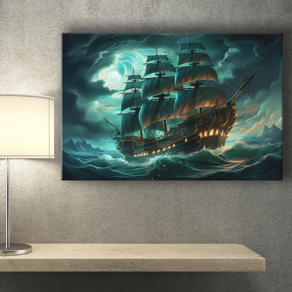 Pirate Ship Sailing In The Sea In The Moon Light V1 Canvas Prints