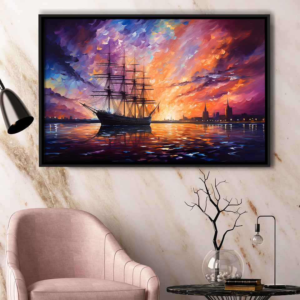 Pirate Ship Sailing In The Sunset Painting Framed Canvas Prints Wall Art Home Decor, Painting Canvas, Floating Frame