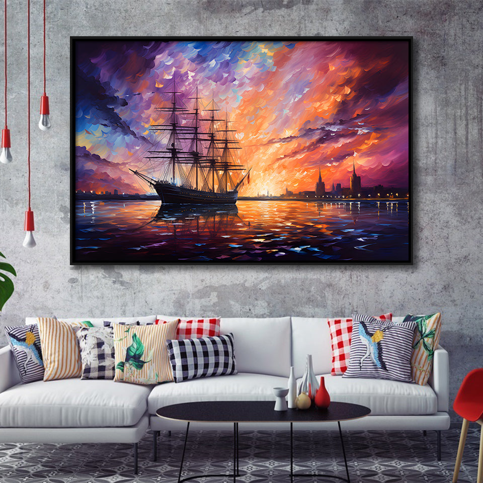 Pirate Ship Sailing In The Sunset Painting Framed Canvas Prints Wall Art Home Decor, Painting Canvas, Floating Frame