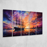 Pirate Ship Sailing In The Sunset Painting 5 Panels B Canvas Prints Wall Art Home Decor, Extra Large Canvas
