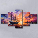 Pirate Ship Sailing In The Sunset Painting 5 Panels Canvas Prints Wall Art Home Decor, Large Mixed Canvas
