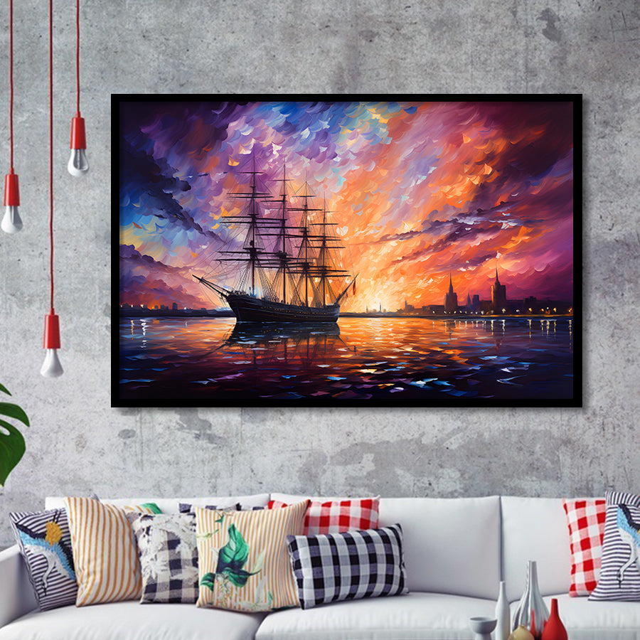 Pirate Ship Sailing In The Sunset Painting Framed Art Prints Wall Decor, Painting Art, Framed Picture