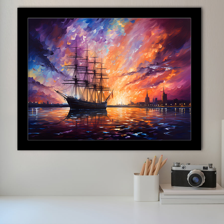 Pirate Ship Sailing In The Sunset Painting Framed Art Prints Wall Decor, Painting Art, Framed Picture