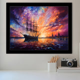 Pirate Ship Sailing In The Sunset Painting Framed Art Prints Wall Decor, Painting Art, Framed Picture