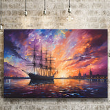Pirate Ship Sailing In The Sunset Painting Canvas Prints Wall Art Home Decor, Painting Canvas, Living Room Wall Decor