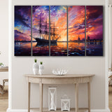 Pirate Ship Sailing In The Sunset Painting 5 Panels B Canvas Prints Wall Art Home Decor, Extra Large Canvas