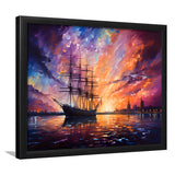 Pirate Ship Sailing In The Sunset Painting Framed Art Prints Wall Decor, Painting Art, Framed Picture