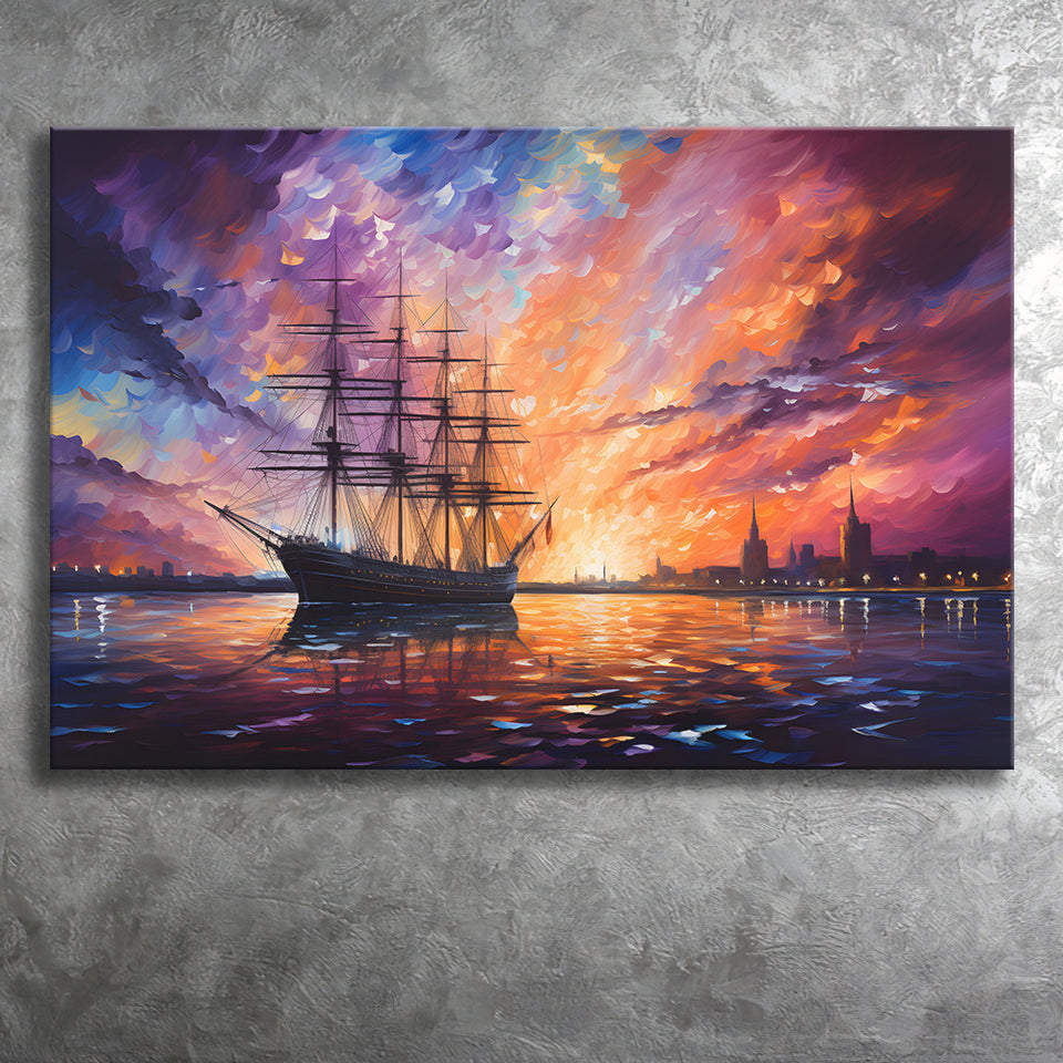 Pirate Ship Sailing In The Sunset Painting Canvas Prints Wall Art Home Decor, Painting Canvas, Living Room Wall Decor