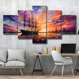 Pirate Ship Sailing In The Sunset Painting 5 Panels Canvas Prints Wall Art Home Decor, Large Mixed Canvas