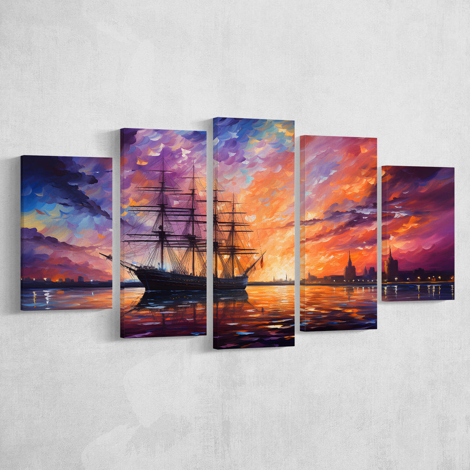 Pirate Ship Sailing In The Sunset Painting 5 Panels Canvas Prints Wall Art Home Decor, Large Mixed Canvas