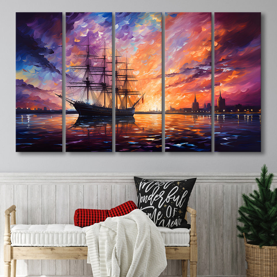 Pirate Ship Sailing In The Sunset Painting 5 Panels B Canvas Prints Wall Art Home Decor, Extra Large Canvas