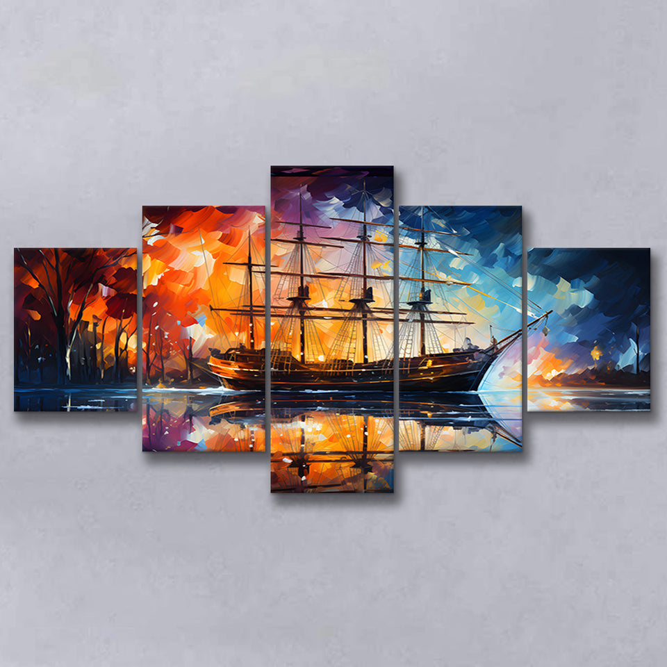 Pirate Ship Sailing Oil Painting 5 Panels Canvas Prints Wall Art Home Decor, Large Mixed Canvas