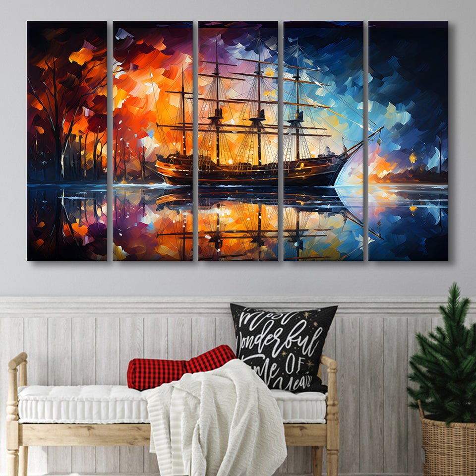 Pirate Ship Sailing Oil Painting 5 Panels B Canvas Prints Wall Art Home Decor, Extra Large Canvas