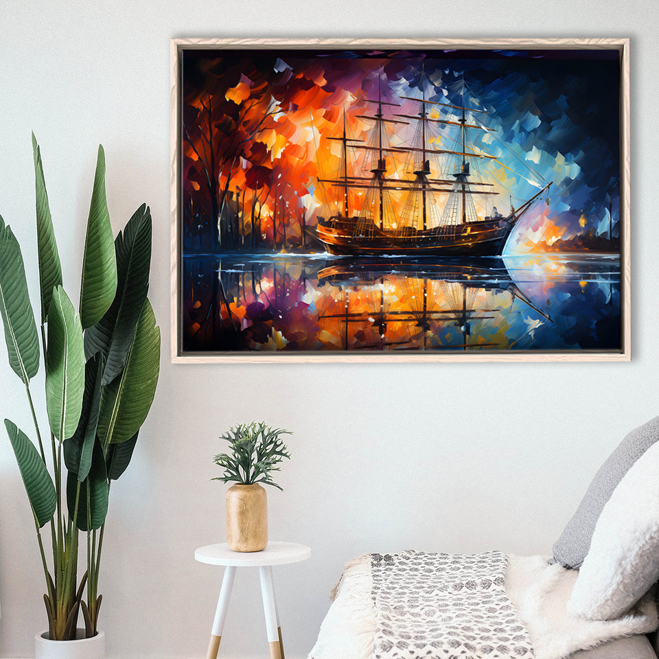 Pirate Ship Sailing Oil Painting Framed Canvas Prints Wall Art Home Decor, Painting Canvas, Floating Frame