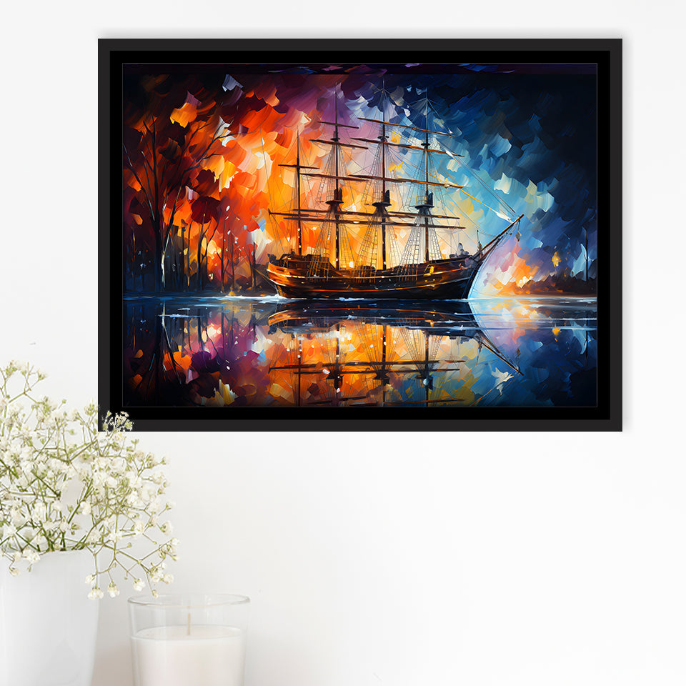 Pirate Ship Sailing Oil Painting Framed Canvas Prints Wall Art Home Decor, Painting Canvas, Floating Frame