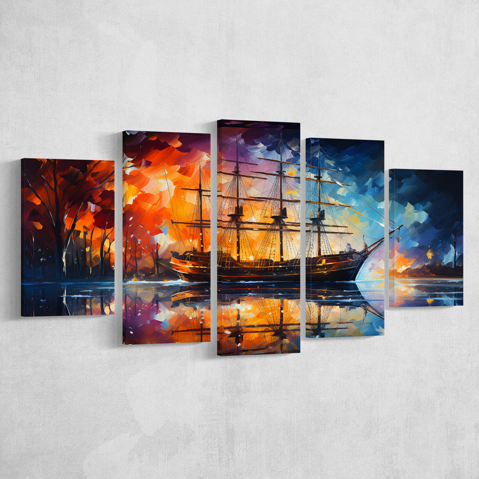 Pirate Ship Sailing Oil Painting 5 Panels Canvas Prints Wall Art Home Decor, Large Mixed Canvas