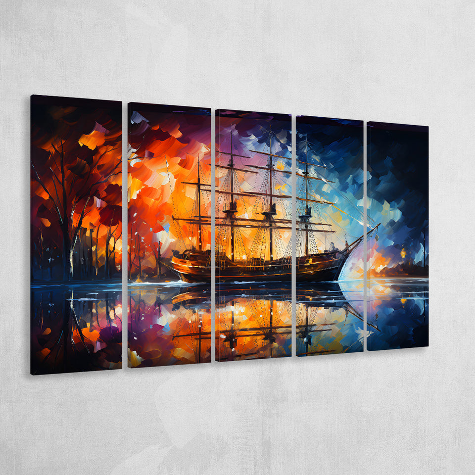 Pirate Ship Sailing Oil Painting 5 Panels B Canvas Prints Wall Art Home Decor, Extra Large Canvas