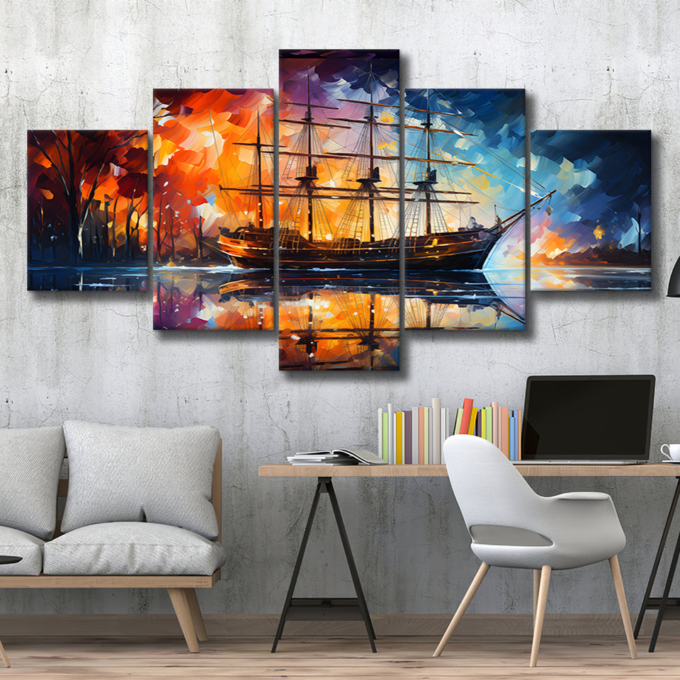 Pirate Ship Sailing Oil Painting 5 Panels Canvas Prints Wall Art Home Decor, Large Mixed Canvas