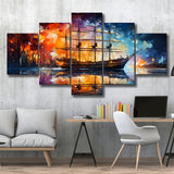 Pirate Ship Sailing Oil Painting 5 Panels Canvas Prints Wall Art Home Decor, Large Mixed Canvas