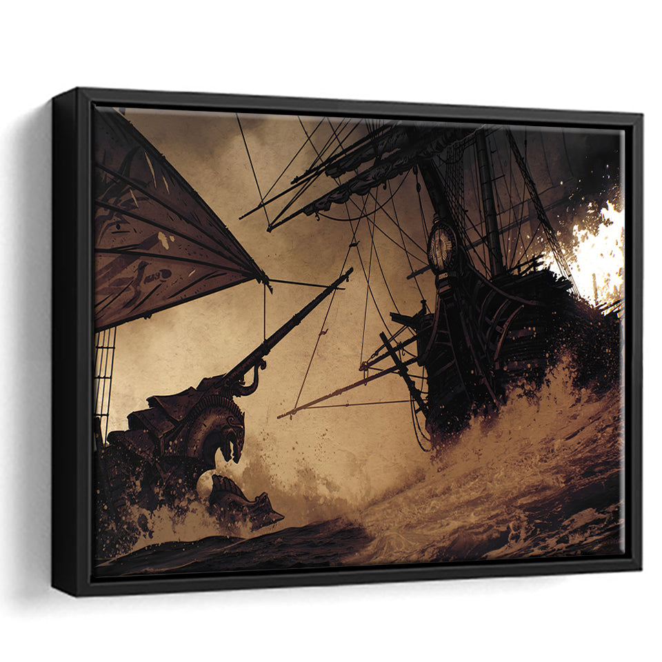 Pirate Ships In Battle 1 Framed Canvas Prints Wall Art - Painting Canvas, Home Wall Decor, Prints for Sale,Black Frame