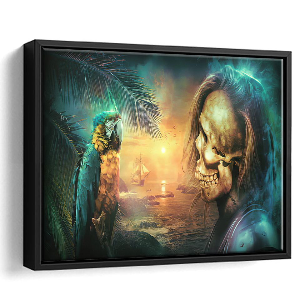 Pirate Skull And Parrot Framed Canvas Prints Wall Art - Painting Canvas, Home Wall Decor, Prints for Sale,Black Frame