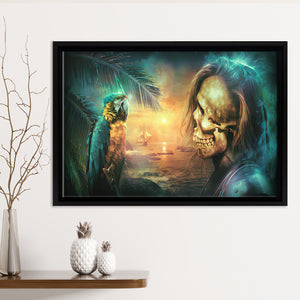 Pirate Skull And Parrot Framed Canvas Prints Wall Art - Painting Canvas, Home Wall Decor, Prints for Sale,Black Frame