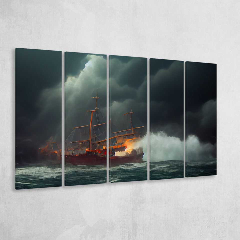 Pirate Ghost Ship Battle On The Sea Waves Storm V2, 5 Piece Canvas Prints Wall Art Decor, Multi Panels