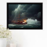 Pirate Ghost Ship Battle On The Sea Waves Storm V2, Framed Canvas Prints Wall Art Decor, Framed Picture