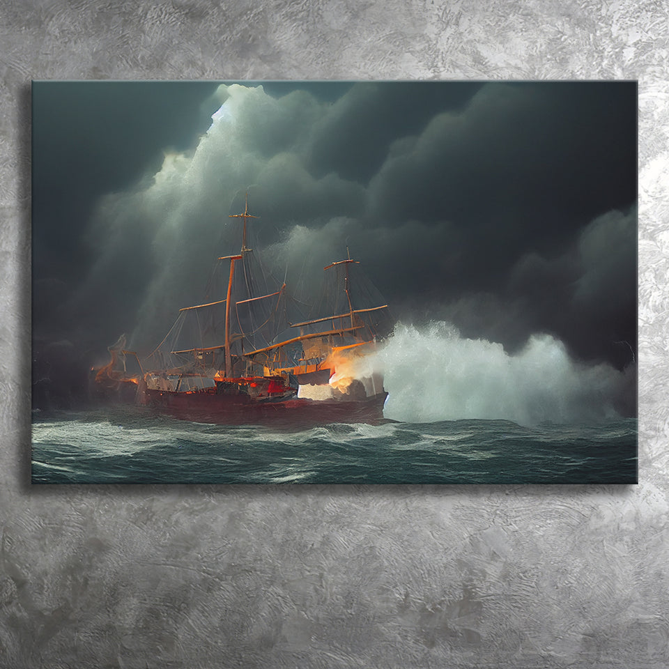 Pirate Ghost Ship Battle On The Sea Waves Storm V2, Canvas Prints Wall Art Decor - Painting Canvas,Art Prints