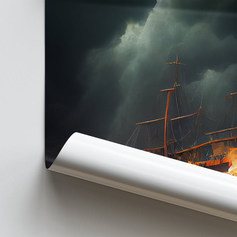 Pirate Ghost Ship Battle On The Sea Waves Storm V2, Poster Art, Poster Print Wall Art Decor