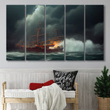 Pirate Ghost Ship Battle On The Sea Waves Storm V2, 5 Piece Canvas Prints Wall Art Decor, Multi Panels