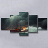 Pirate Ghost Ship Battle On The Sea Waves Storm V2, 5 Piece Canvas Prints Wall Art Decor, Multi Panels,Mixed Canvas
