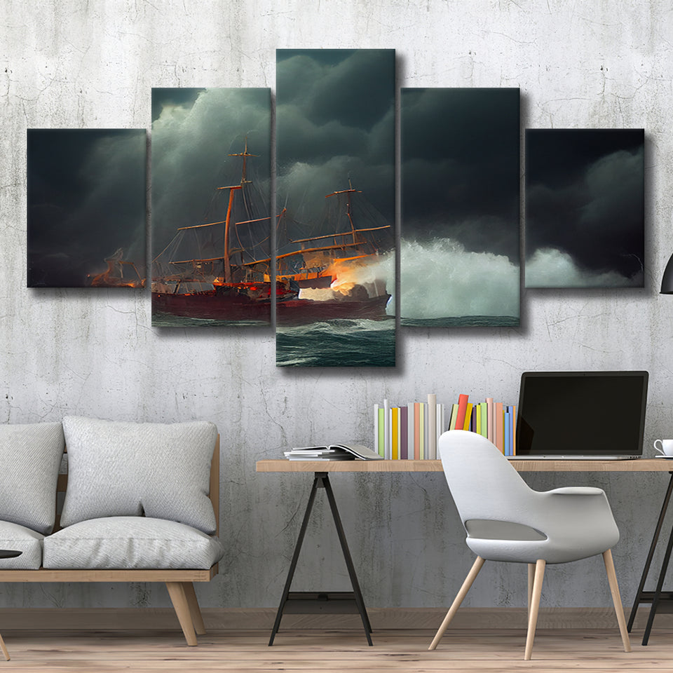 Pirate Ghost Ship Battle On The Sea Waves Storm V2, 5 Piece Canvas Prints Wall Art Decor, Multi Panels,Mixed Canvas