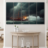 Pirate Ghost Ship Battle On The Sea Waves Storm V2, 5 Piece Canvas Prints Wall Art Decor, Multi Panels