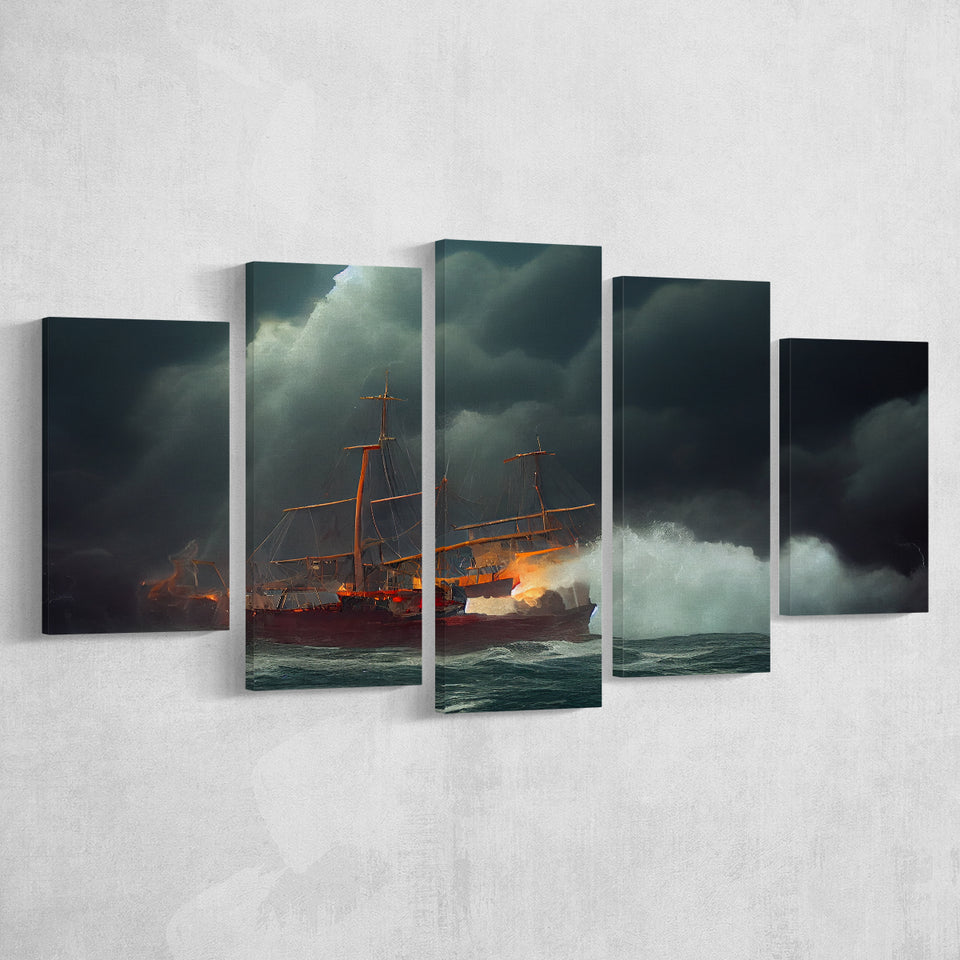 Pirate Ghost Ship Battle On The Sea Waves Storm V2, 5 Piece Canvas Prints Wall Art Decor, Multi Panels,Mixed Canvas