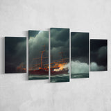 Pirate Ghost Ship Battle On The Sea Waves Storm V2, 5 Piece Canvas Prints Wall Art Decor, Multi Panels,Mixed Canvas
