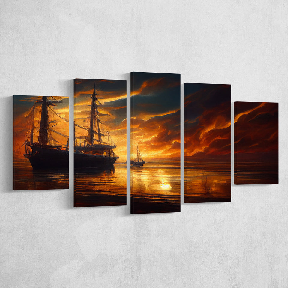 Pirate Ghost Ship In Sunset Oil Painting, 5 Piece Canvas Prints Wall Art Decor, Multi Panels,Mixed Canvas