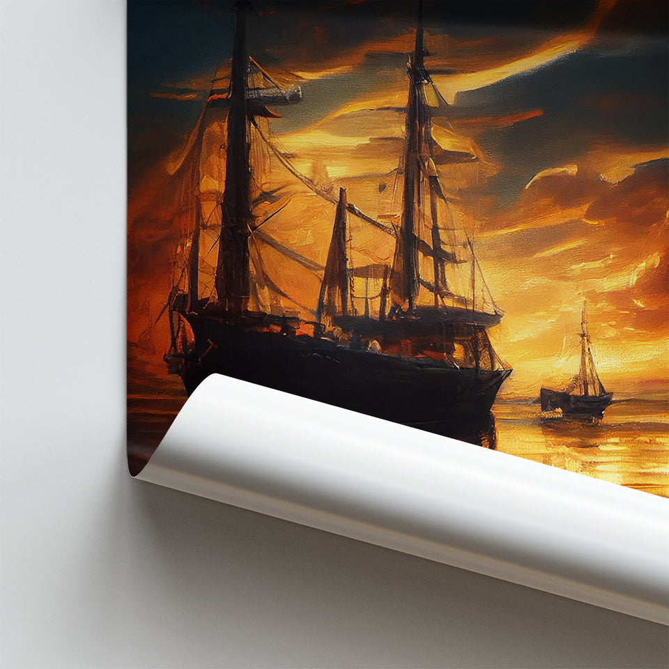 Pirate Ghost Ship In Sunset Oil Painting, Poster Art, Poster Print Wall Art Decor