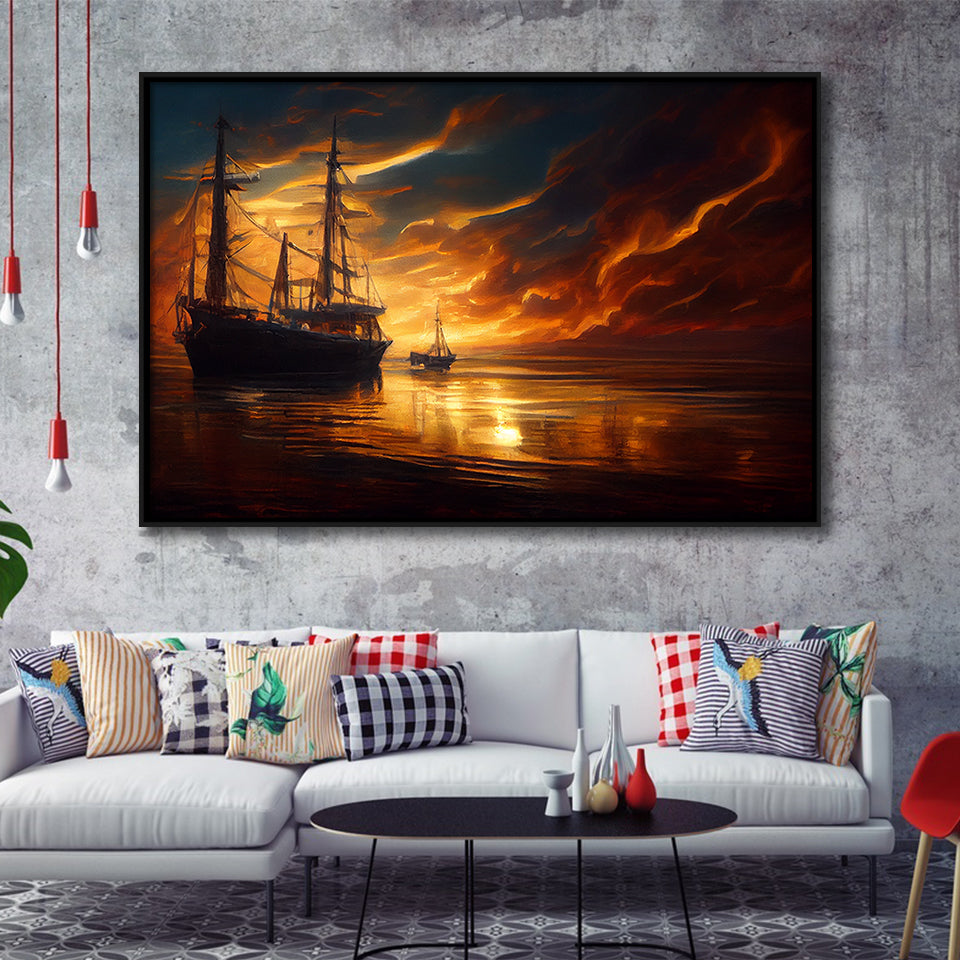 Pirate Ghost Ship In Sunset Oil Painting, Framed Canvas Prints Wall Art Decor, Framed Picture