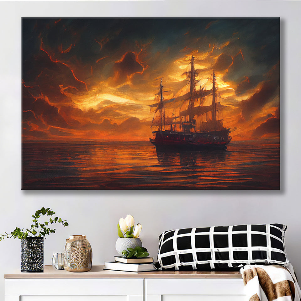 Pirate Ghost Ship In Sunset Oil Painting V2, Canvas Prints Wall Art Decor - Painting Canvas,Art Prints