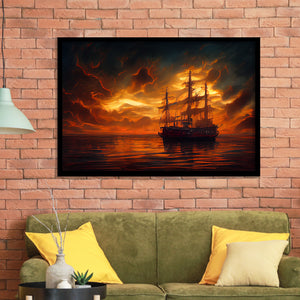 Pirate Ghost Ship In Sunset Oil Painting V2, Framed Art Prints Wall Art Decor, Framed Picture