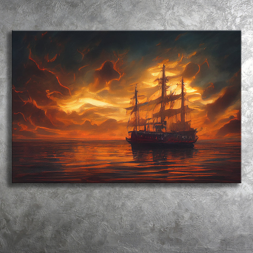 Pirate Ghost Ship In Sunset Oil Painting V2, Canvas Prints Wall